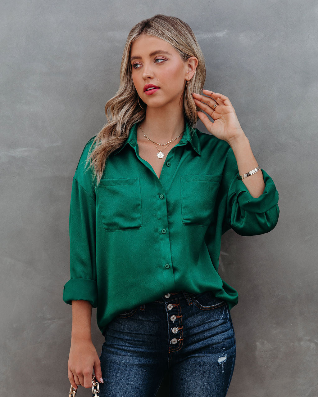 Kelsa Satin Button Down Pocket Blouse Oshnow