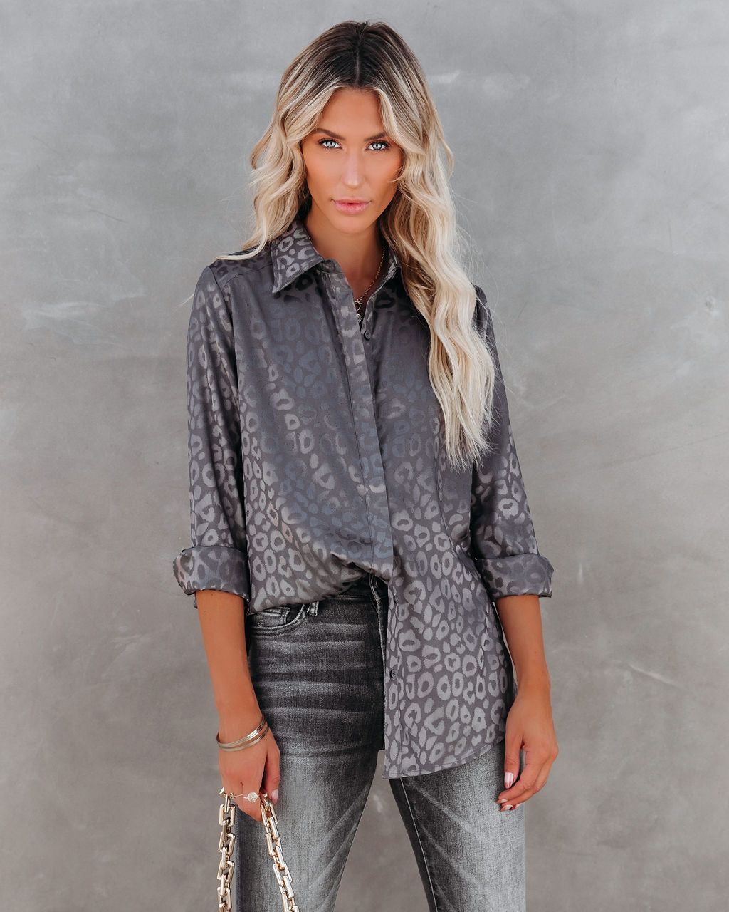 Kingdom Satin Embossed Button Down Blouse - Charcoal Oshnow