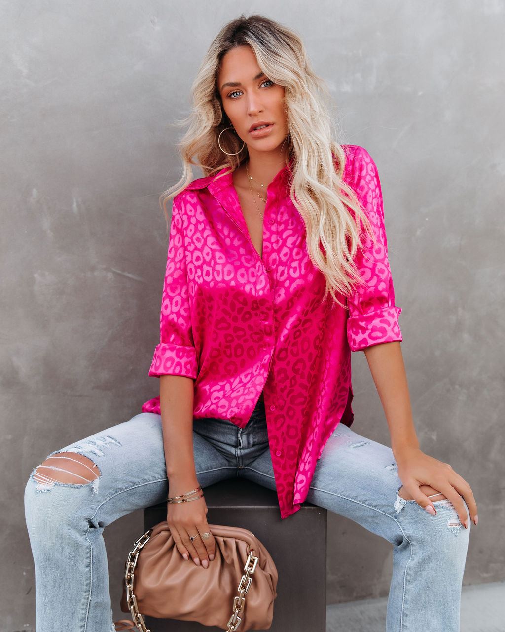 Kingdom Satin Embossed Button Down Blouse - Magenta Oshnow