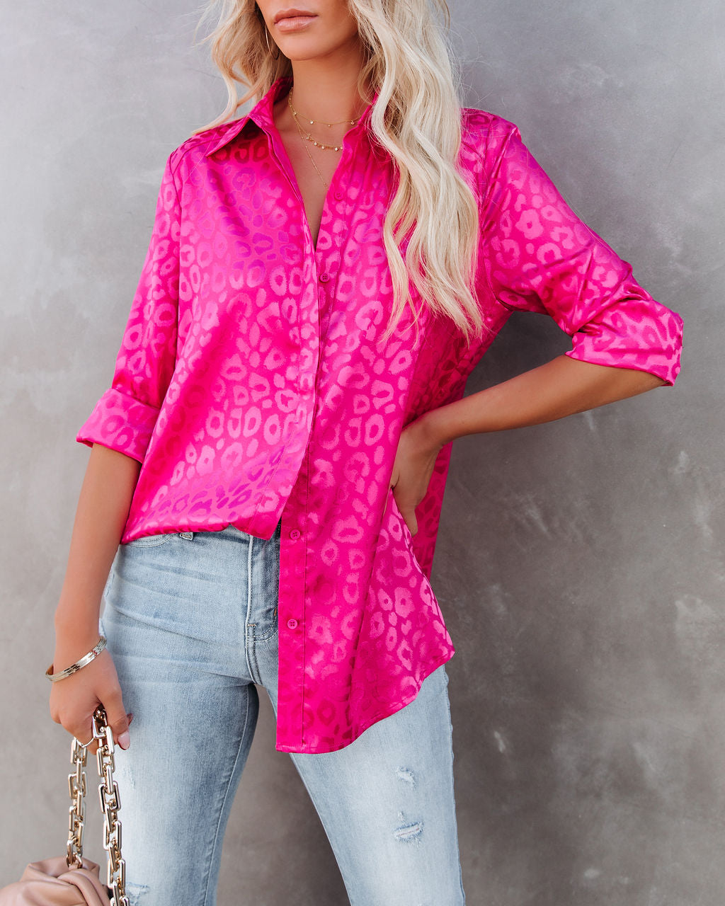 Kingdom Satin Embossed Button Down Blouse - Magenta Oshnow