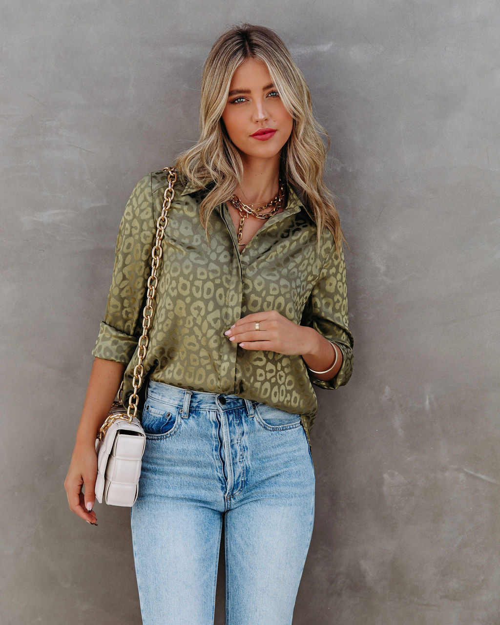 Kingdom Satin Embossed Button Down Blouse - Moss Oshnow