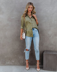 Kingdom Satin Embossed Button Down Blouse - Moss Oshnow