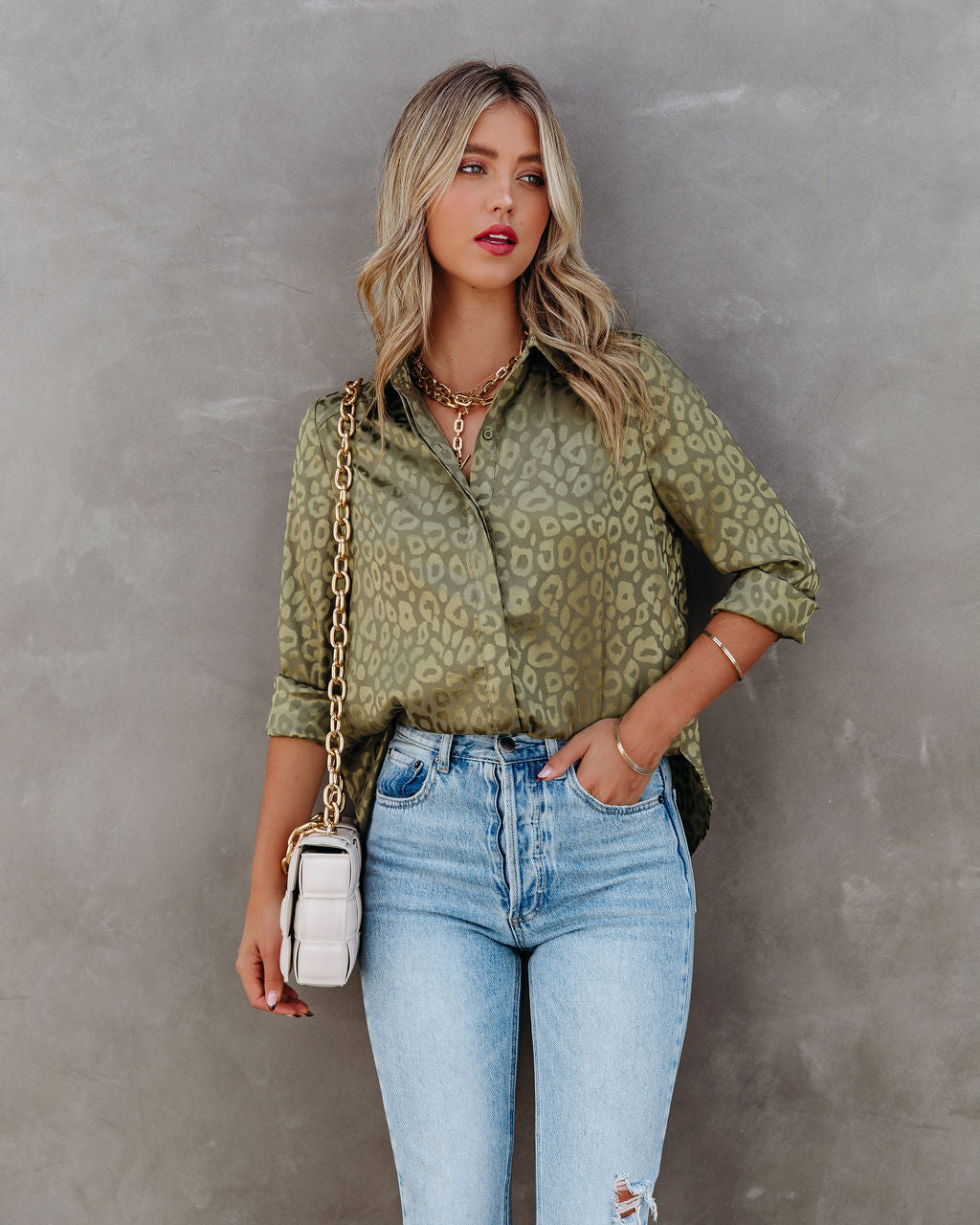 Kingdom Satin Embossed Button Down Blouse - Moss Oshnow