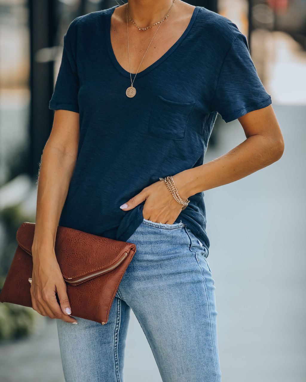 Kinsley V-Neck Pocket Tee - Uniform Blue Oshnow