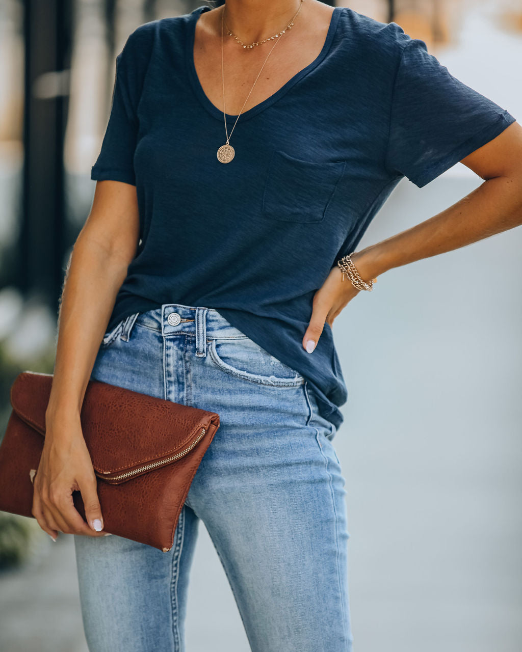 Kinsley V-Neck Pocket Tee - Uniform Blue Oshnow