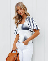 Kipton Cotton Blend Striped Puff Sleeve Top - Navy Oshnow