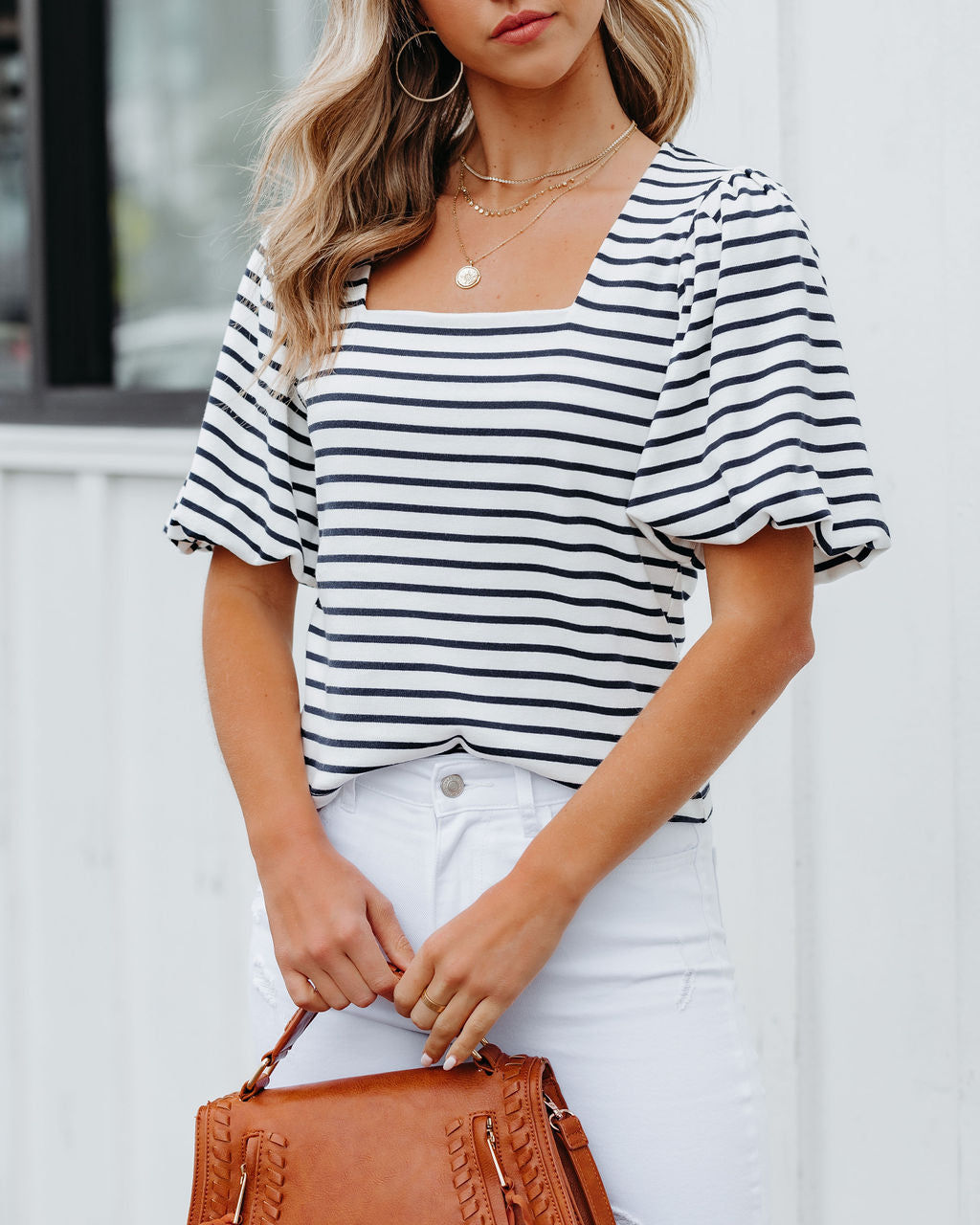 Kipton Cotton Blend Striped Puff Sleeve Top - Navy Oshnow