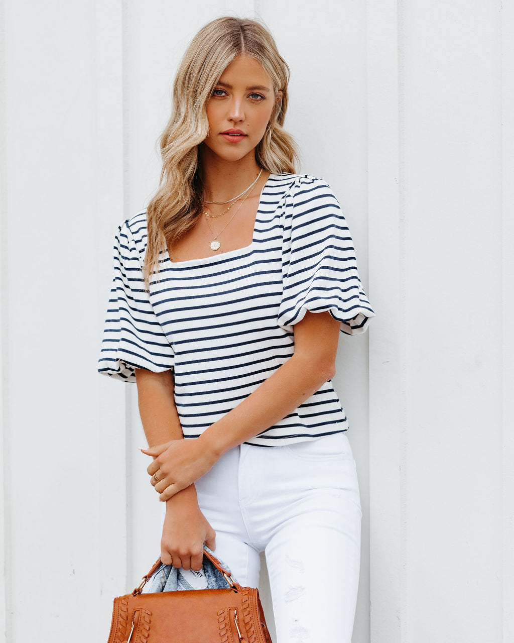 Kipton Cotton Blend Striped Puff Sleeve Top - Navy Oshnow