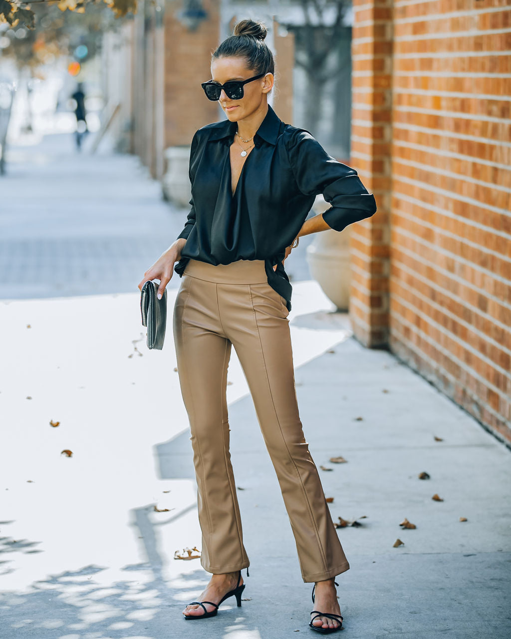 Kiva High Rise Faux Leather Flare Pants - Camel Oshnow