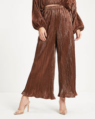 Kiyara Pocketed High Rise Shimmer Plisse Pants - Bronze Oshnow