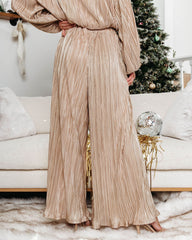 Kiyara Pocketed High Rise Shimmer Plisse Pants - Gold Oshnow