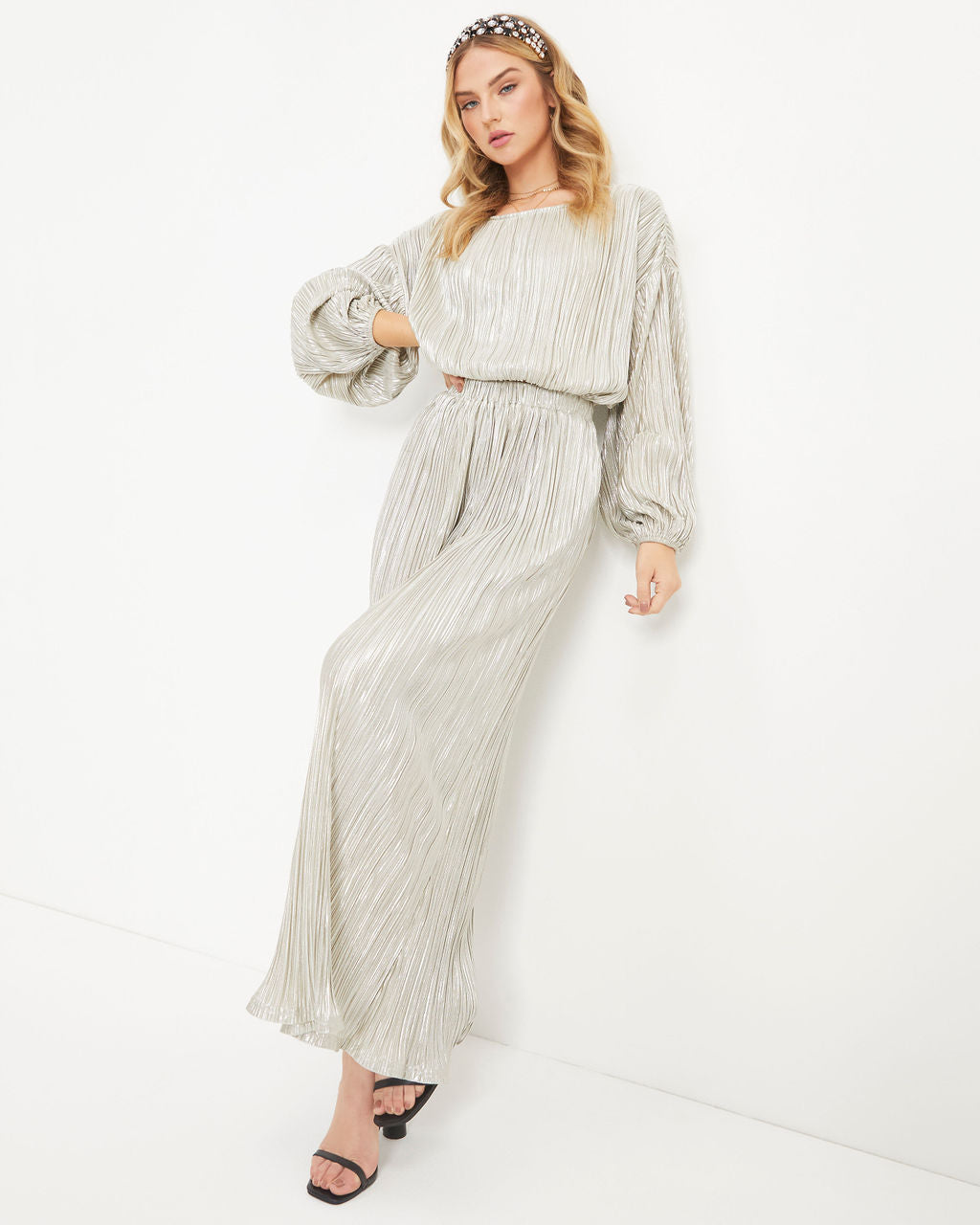 Kiyara Pocketed High Rise Shimmer Plisse Pants - Silver  - SALE Oshnow