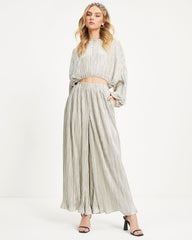 Kiyara Pocketed High Rise Shimmer Plisse Pants - Silver  - SALE Oshnow