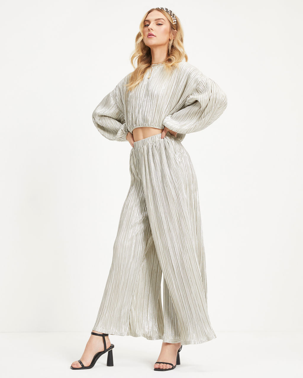 Kiyara Pocketed High Rise Shimmer Plisse Pants - Silver  - SALE Oshnow