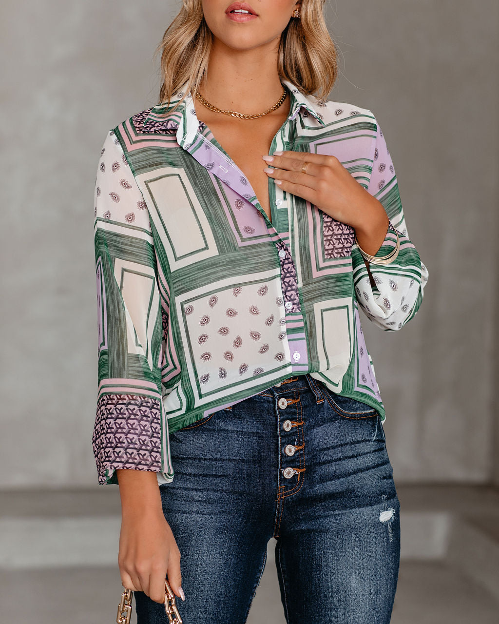 Kollin Mix Print Button Down Blouse Oshnow