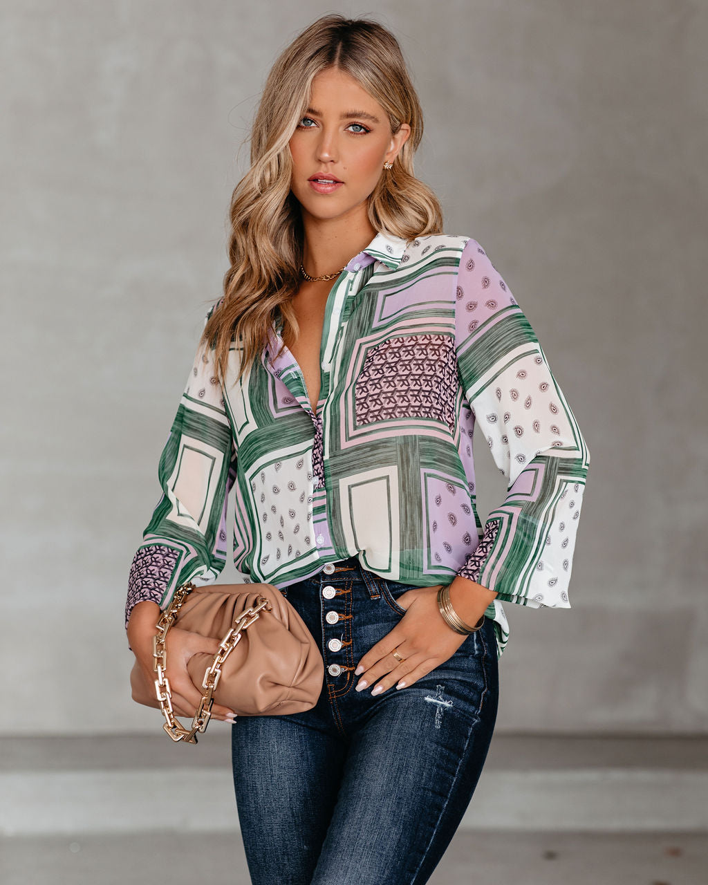 Kollin Mix Print Button Down Blouse Oshnow