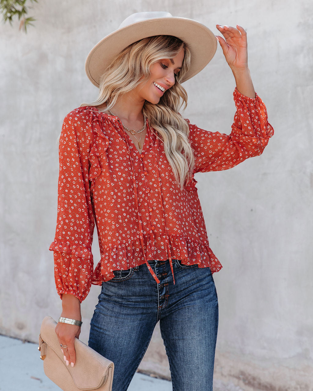 Krishan Floral Ruffle Button Down Blouse Oshnow