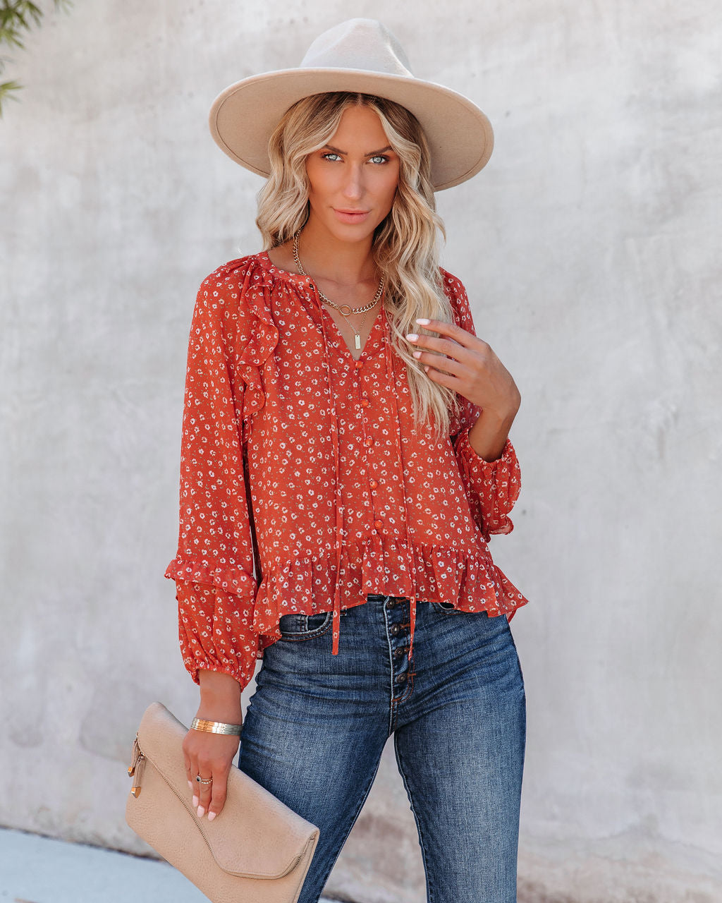 Krishan Floral Ruffle Button Down Blouse Oshnow