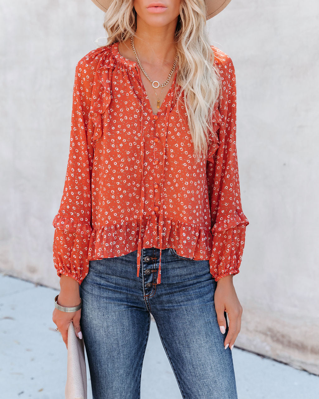 Krishan Floral Ruffle Button Down Blouse Oshnow