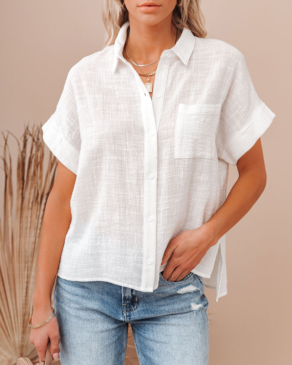 Krissy Cotton Woven Button Down Top - White Oshnow