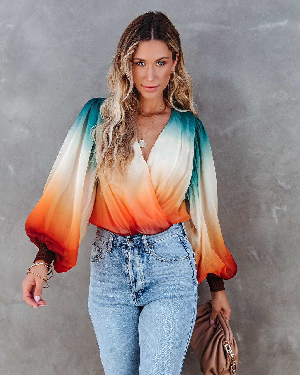 Kylah Ombre Drape Bodysuit - Teal Multi - SALE Oshnow