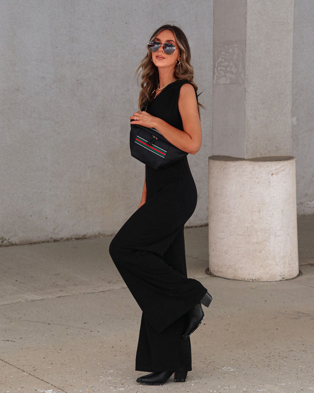 Kyle Asymmetrical Neck Wide Leg Jumpsuit - Black  - SALE Oshnow