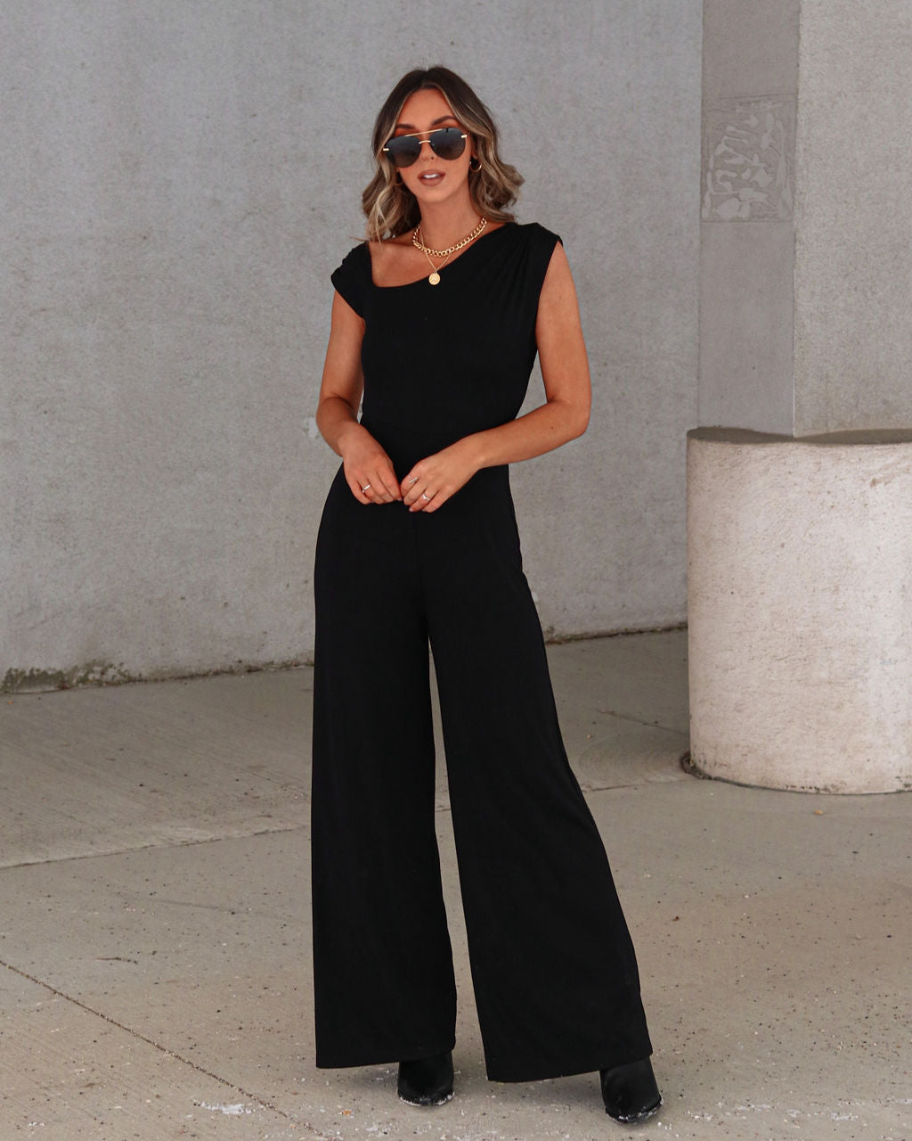 Kyle Asymmetrical Neck Wide Leg Jumpsuit - Black  - SALE Oshnow