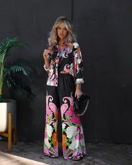 Kyoto Nights Satin Floral Wide Leg Pants Oshnow