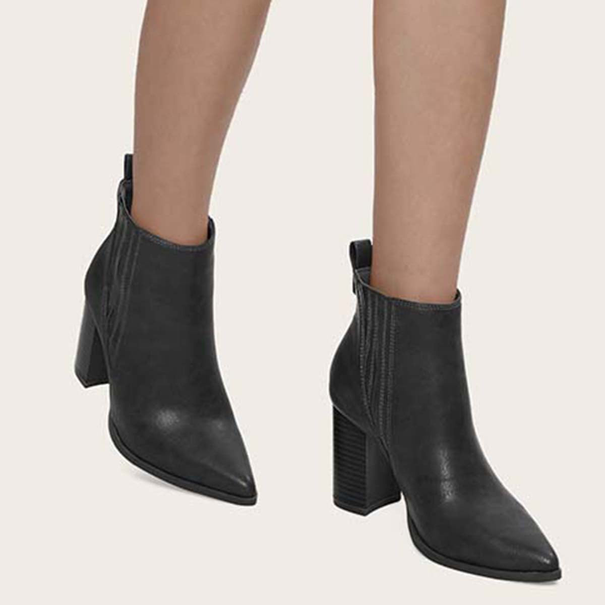 Chunky High Heel Ankle Boots Slip on Dress Booties