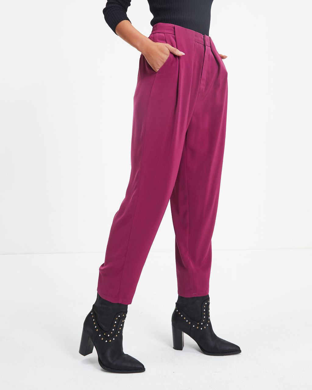 Lacey Pocketed High Rise Trousers - Plum - SALE Oshnow