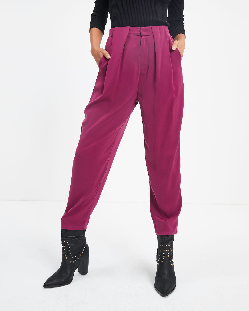 Lacey Pocketed High Rise Trousers - Plum - SALE Oshnow