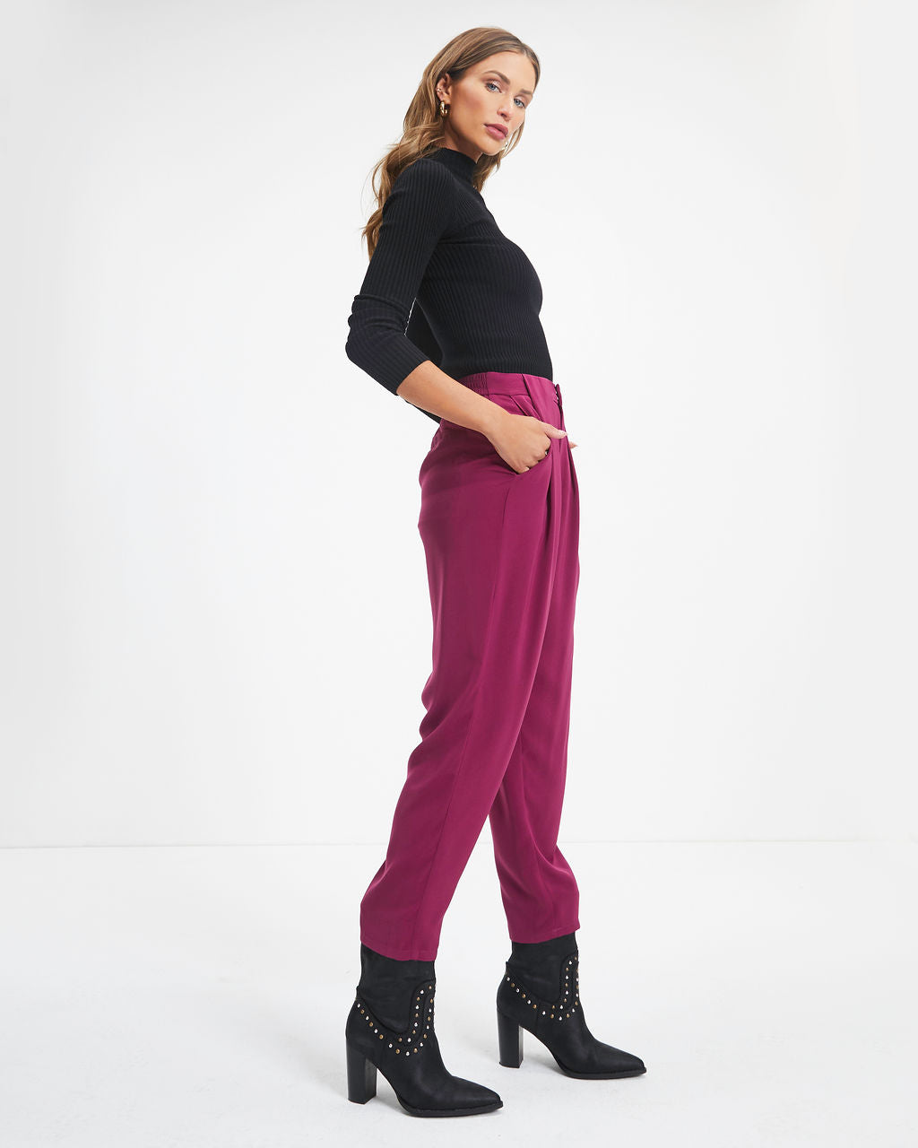 Lacey Pocketed High Rise Trousers - Plum - SALE Oshnow