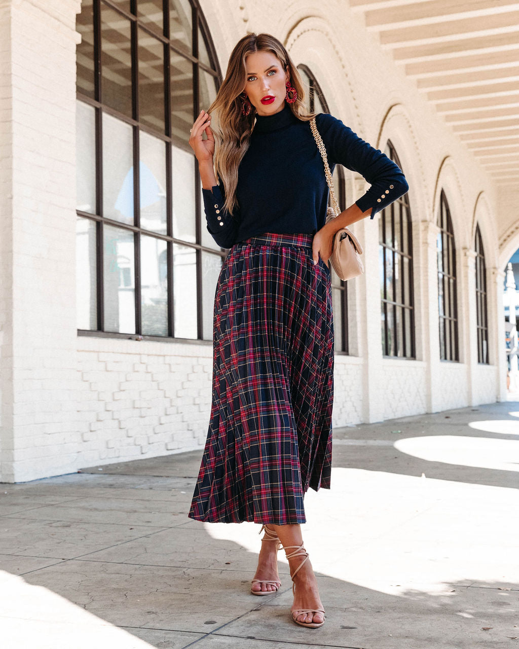 Larraine Plaid Pleated Midi Skirt Oshnow