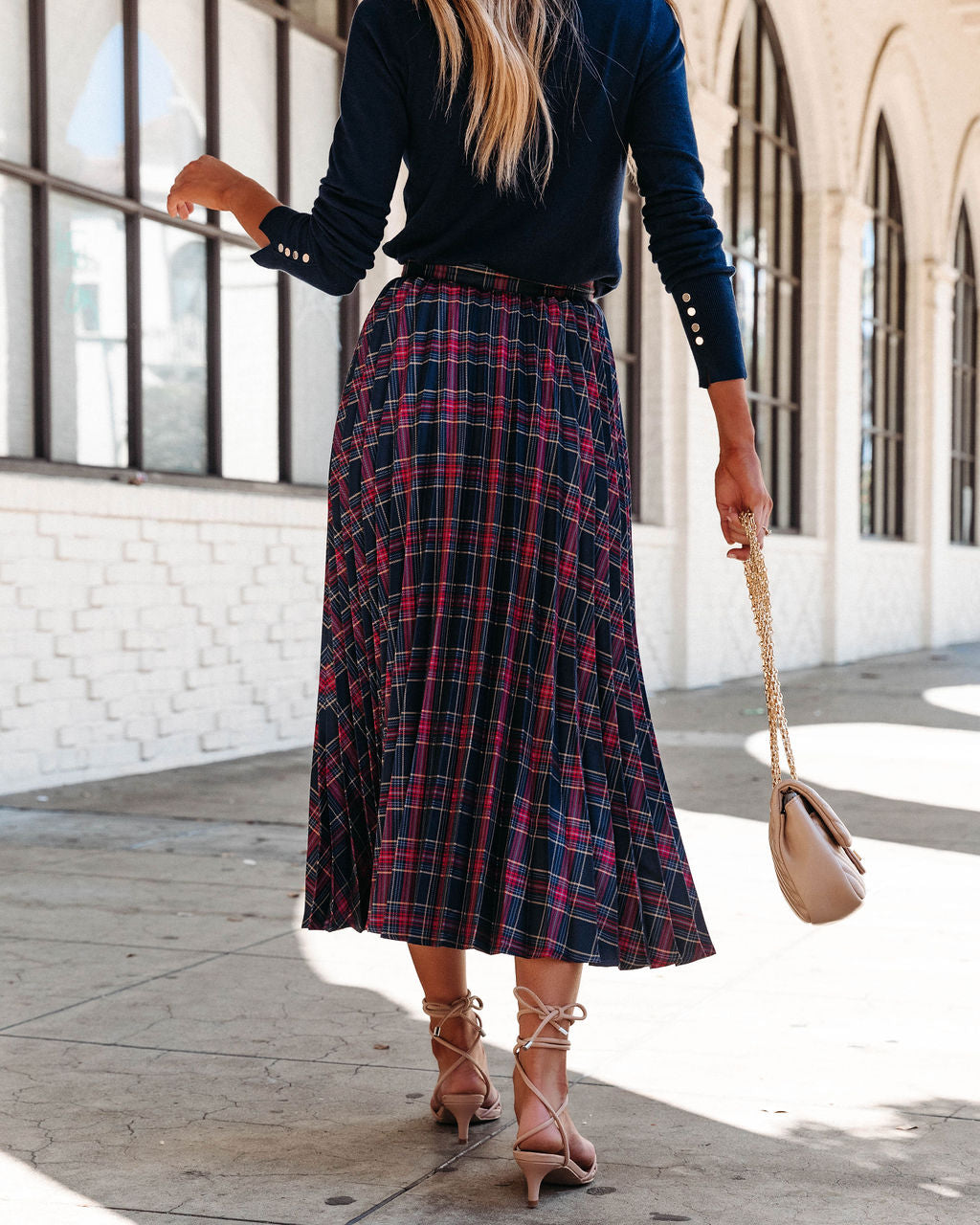 Larraine Plaid Pleated Midi Skirt Oshnow