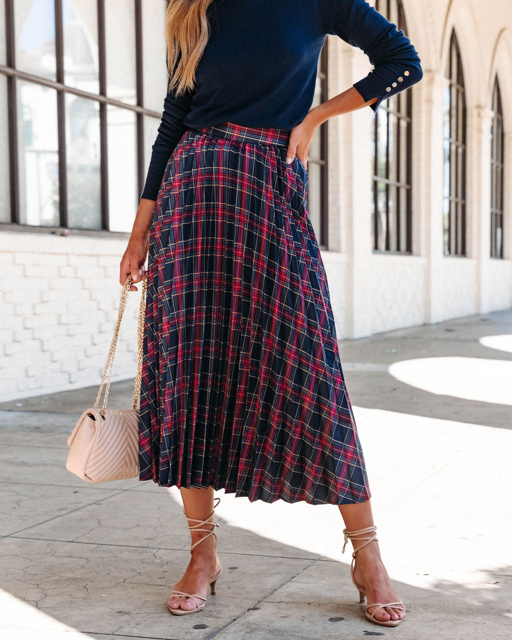 Larraine Plaid Pleated Midi Skirt Oshnow