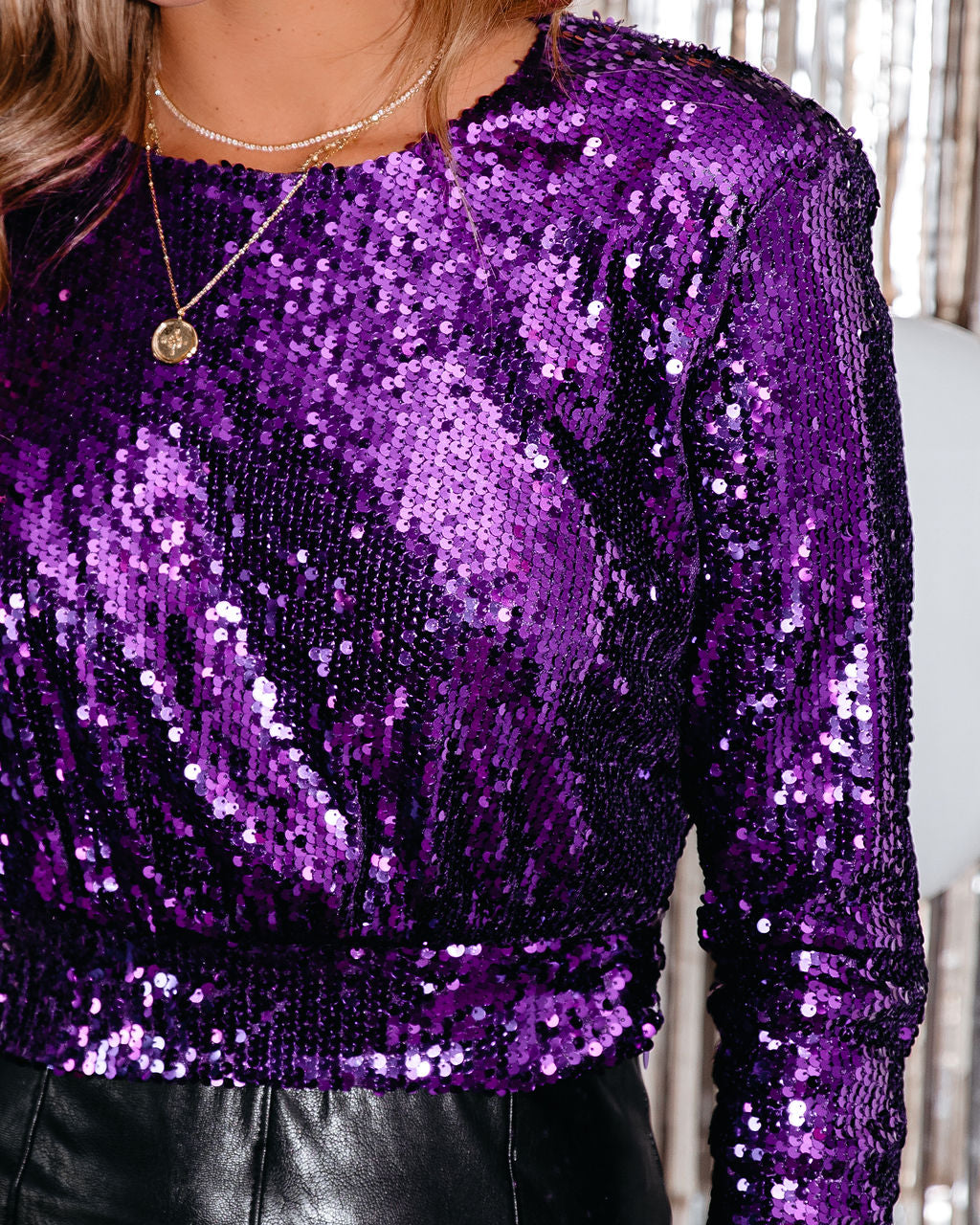 Lavern Sequin Padded Crop Blouse - Purple Oshnow