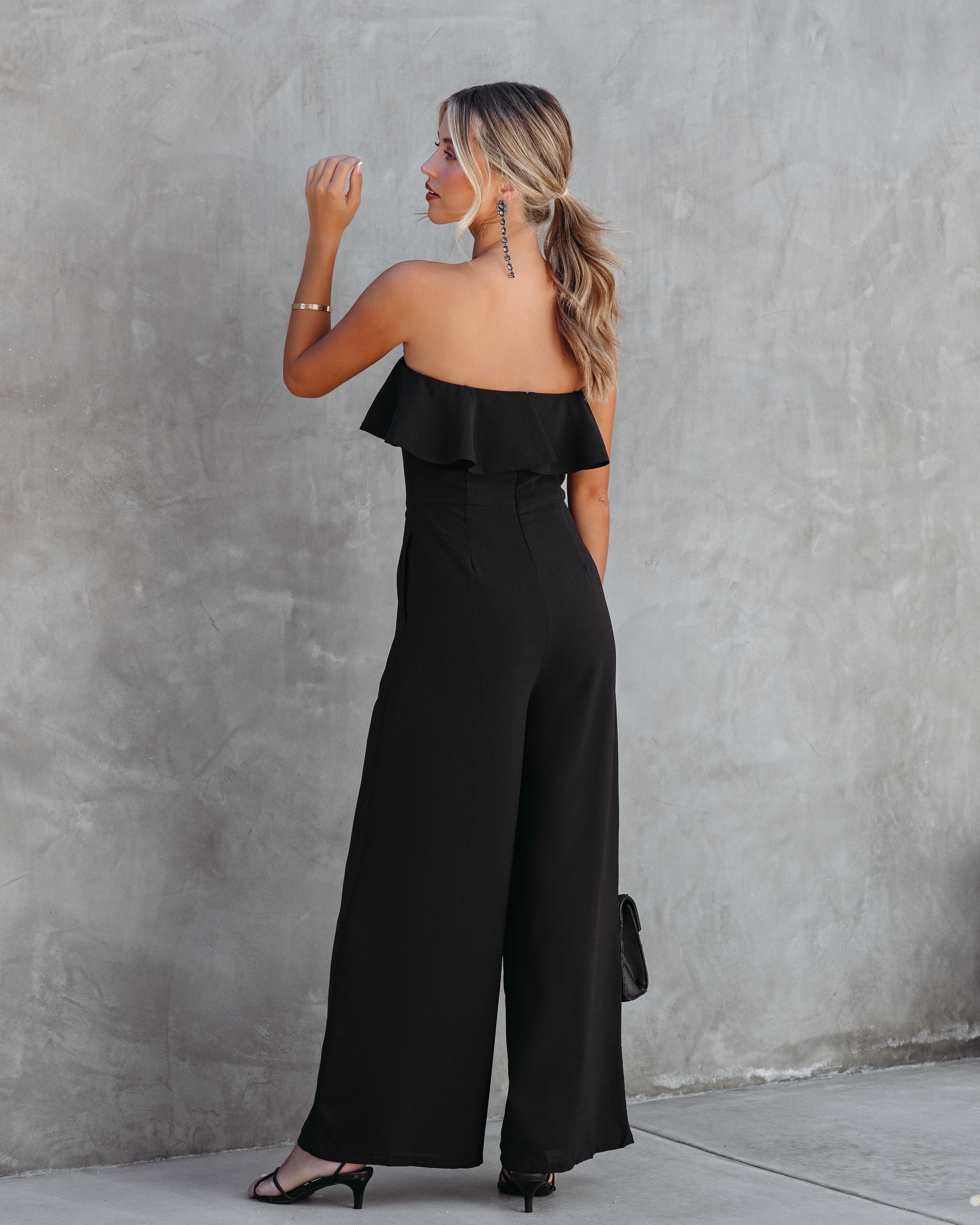 Legend Has It Strapless Ruffle Jumpsuit - Black - SALE Oshnow