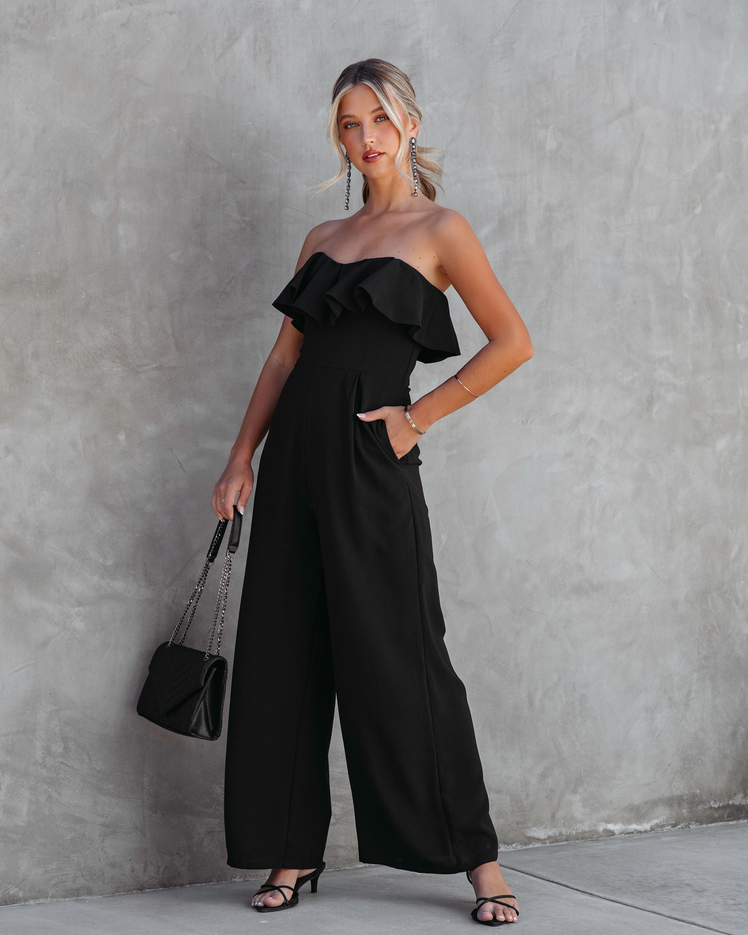 Legend Has It Strapless Ruffle Jumpsuit - Black - SALE Oshnow