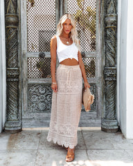 Lenni Cotton Crochet Midi Skirt - Taupe 