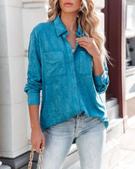 Leone Pocketed Faux Suede Button Down Top - Blue Oshnow