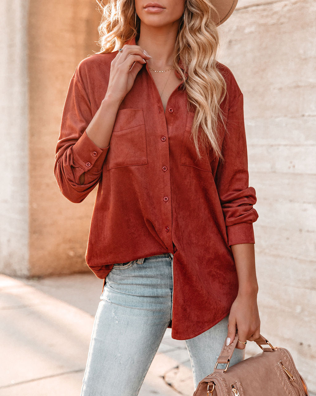 Leone Pocketed Faux Suede Button Down Top - Sienna Oshnow