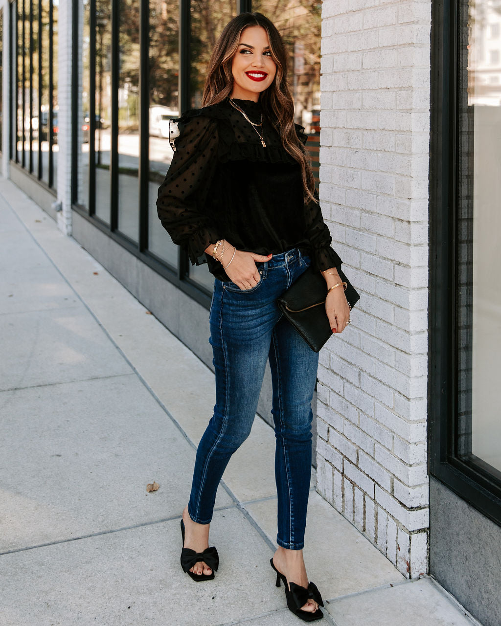 Liara Polka Dot Velvet Ruffle Blouse - Black Oshnow