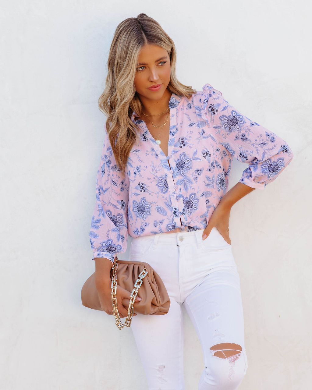 Light Of Day Floral Chiffon Button Down Blouse Oshnow