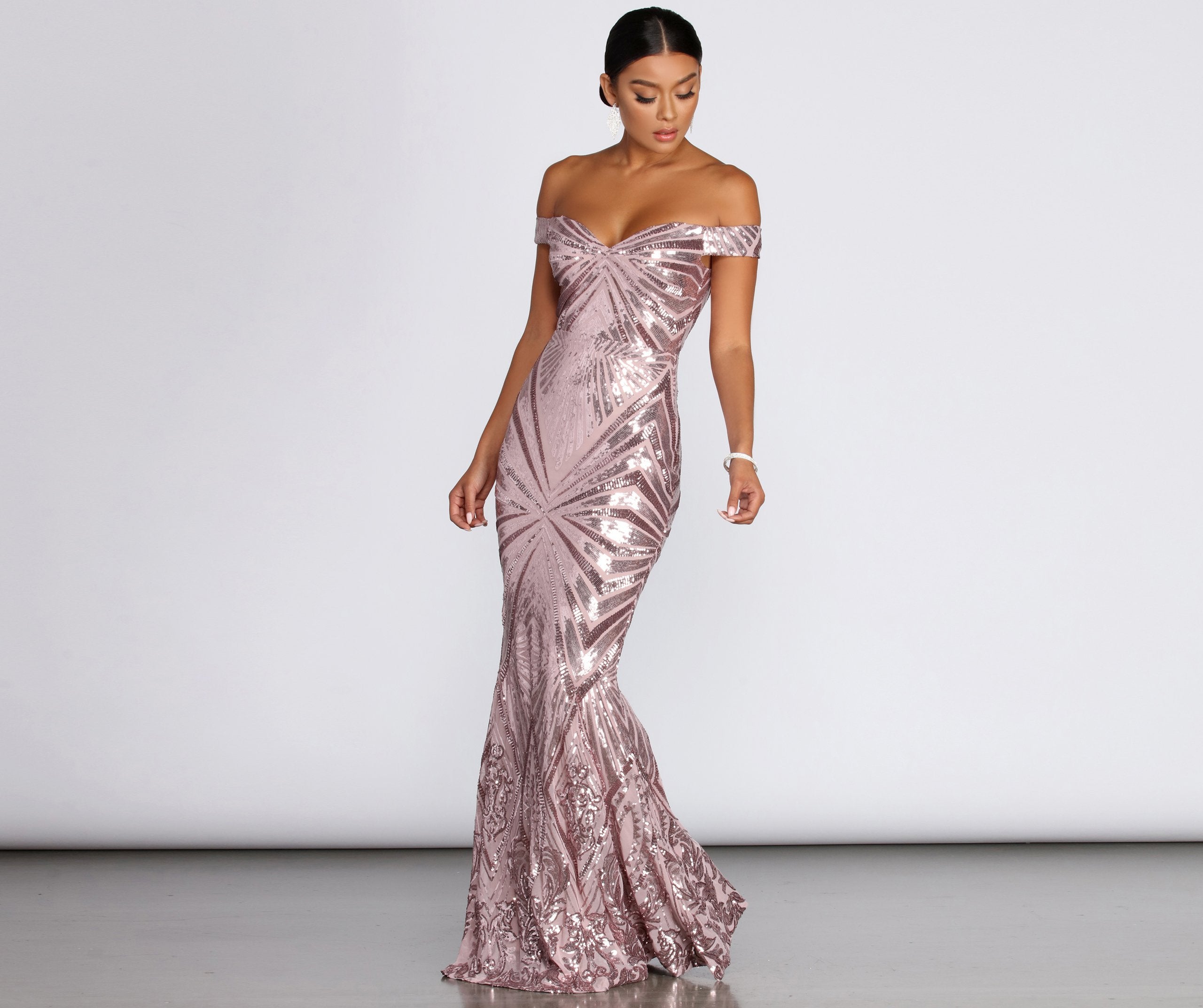 Lilith Off-Shoulder Sequin Evening Gown Oshnow