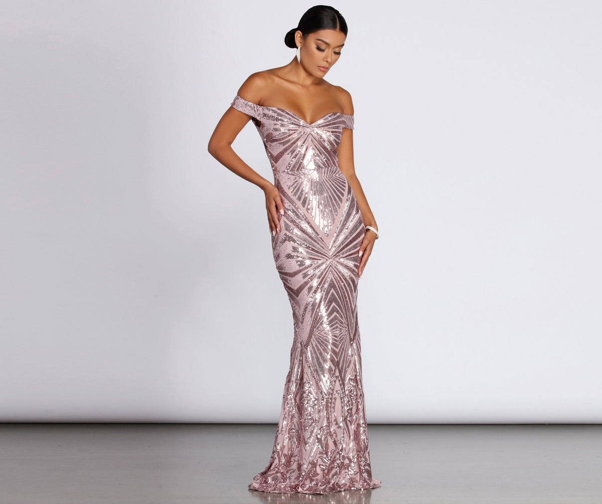 Lilith Off-Shoulder Sequin Evening Gown Oshnow