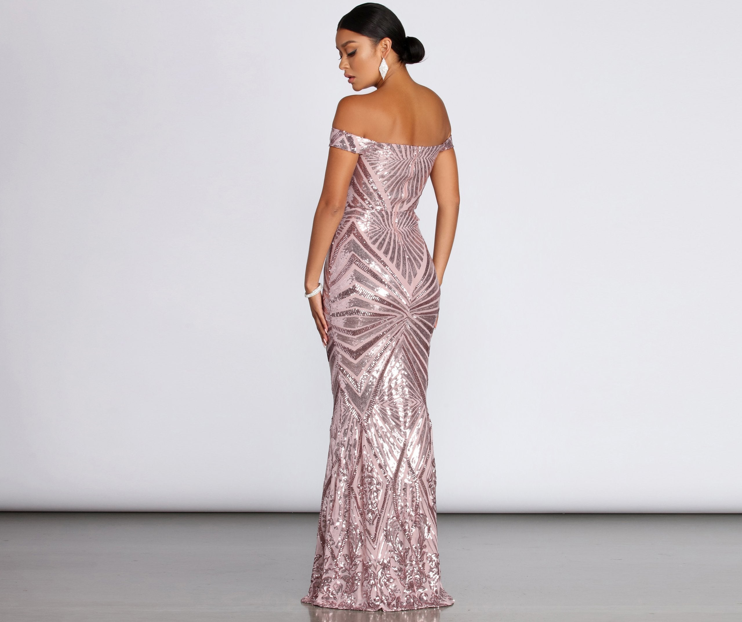 Lilith Off-Shoulder Sequin Evening Gown Oshnow