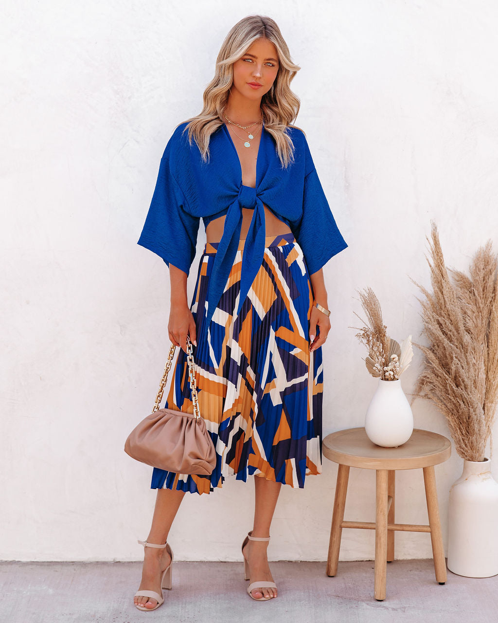 Lisandro Tie Front Kimono Crop Top - Royal Blue Oshnow