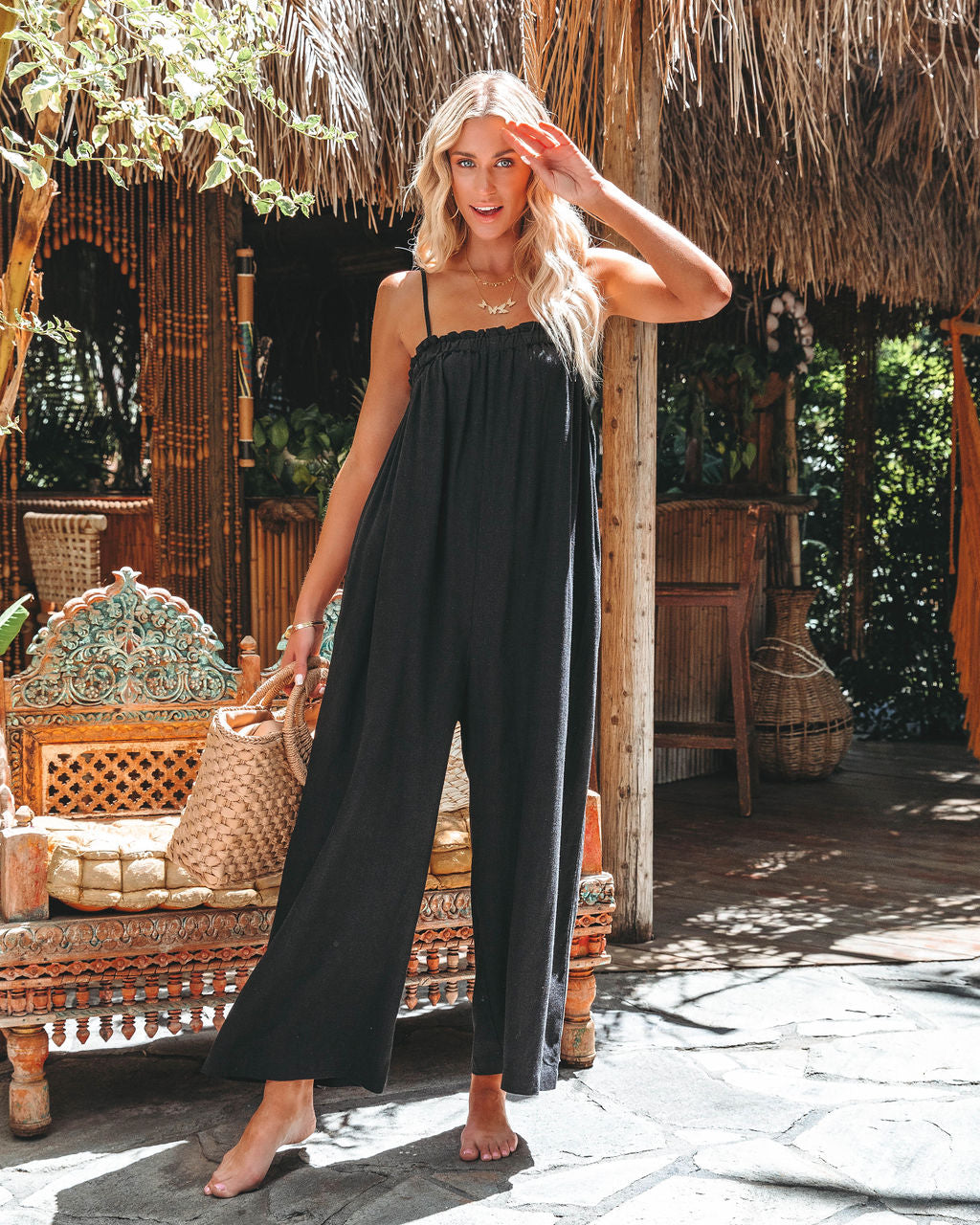 Live With Sunshine Linen Blend Pocketed Jumpsuit - Black Oshnow