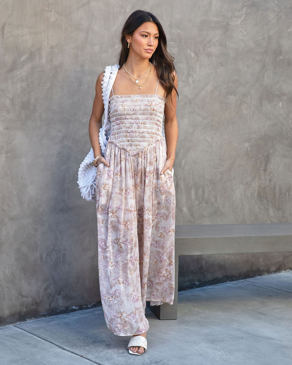 Living In The Moment Floral Pocketed Smocked Jumpsuit Oshnow