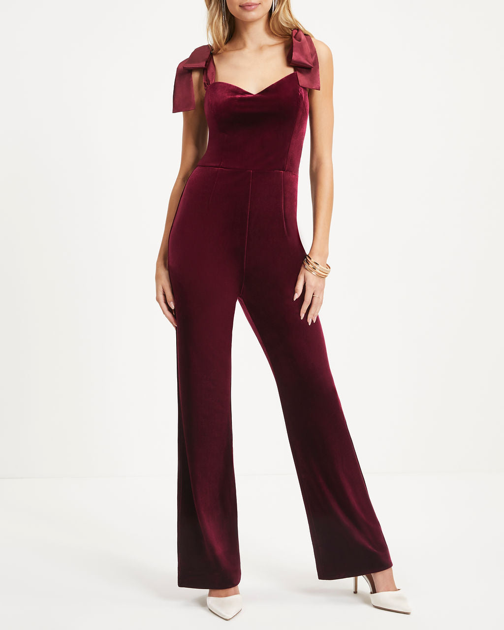 Logan Velvet Shoulder Tie Jumpsuit - Burgundy Oshnow